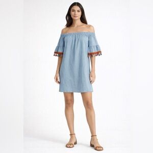 See You Monday Off Shoulder Chambray Dress Tassel Sleeves Size M(E20)✨